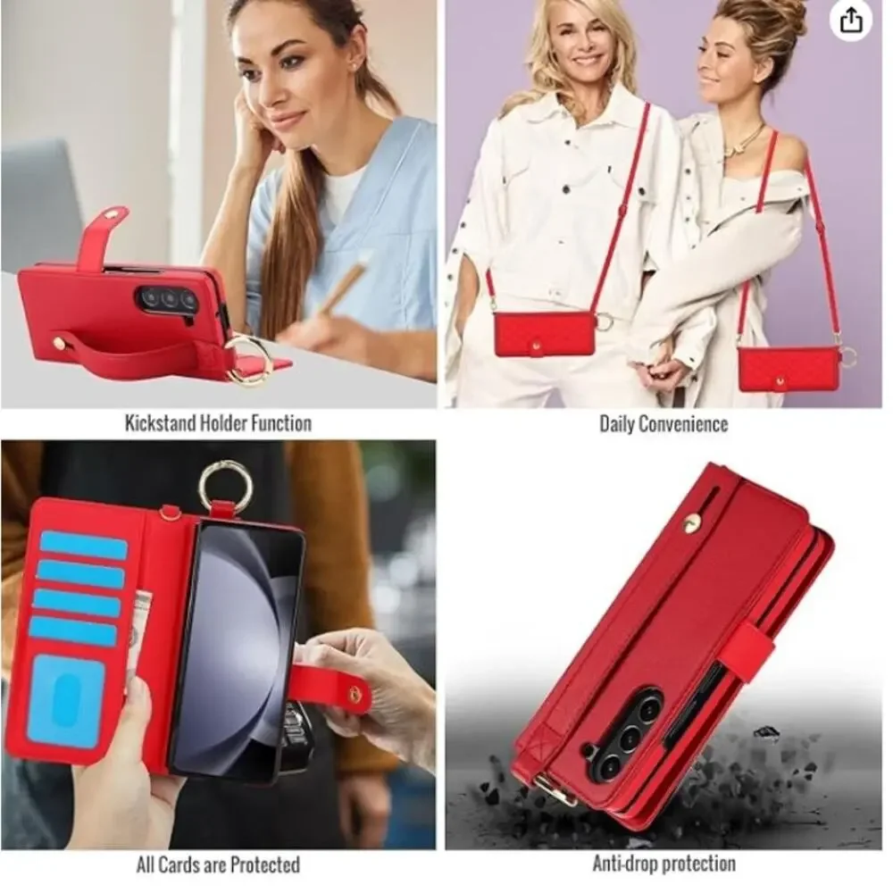Asuwish Galaxy Z Fold 7 Crossbody Wallet Case RFID S Pen Holder Card Slots Red
